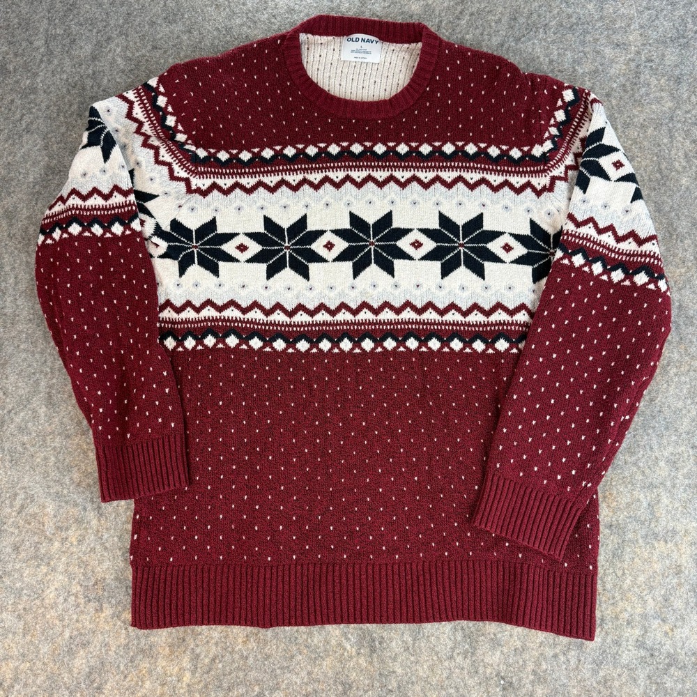 Old Navy Sweater Womens L Burgundy Fair Isle Snowflake Crewneck Long Sleeve
